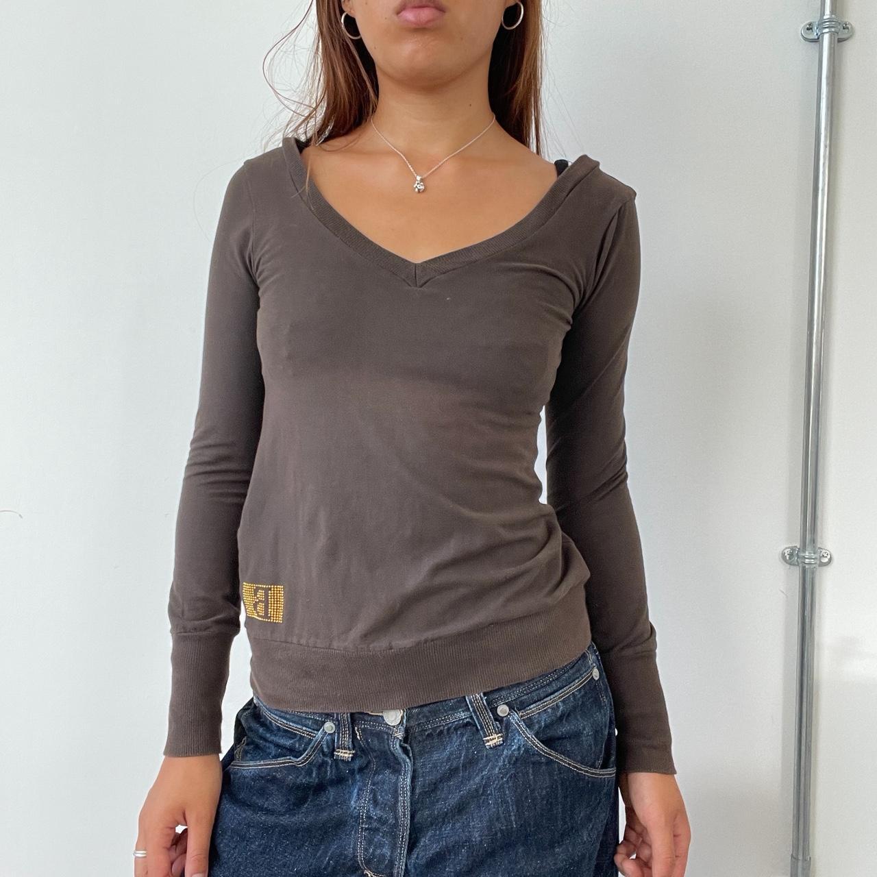 Vintage Brown V neck Long Sleeve Top