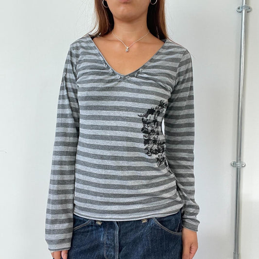 Vintage Grey Striped V Neck Top