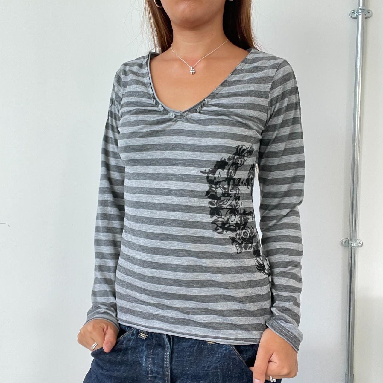 Vintage Grey Striped V Neck Top