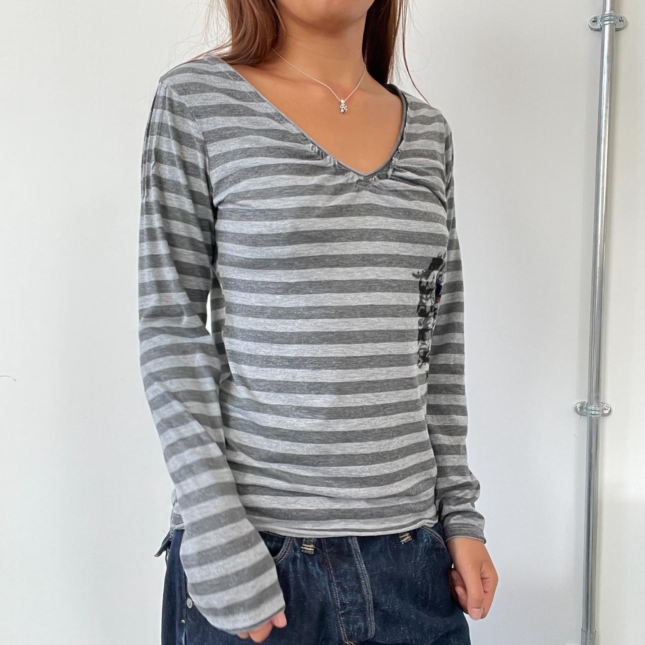 Vintage Grey Striped V Neck Top