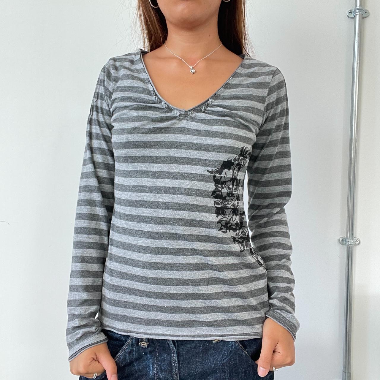 Vintage Grey Striped V Neck Top