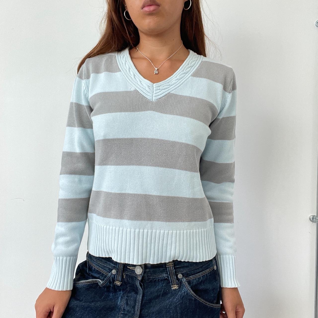Vintage Grey Blue Stripe V Neck Jumper