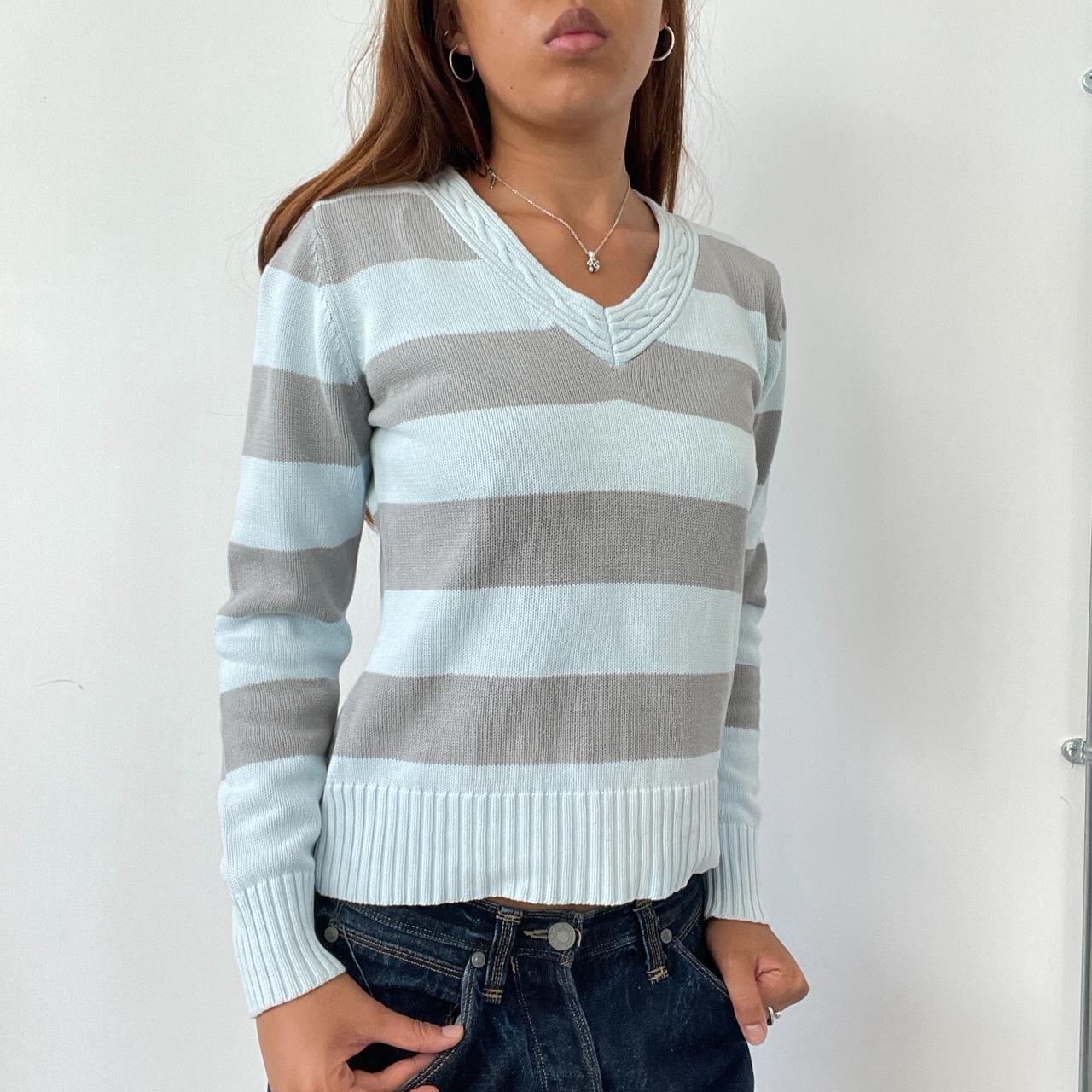 Vintage Grey Blue Stripe V Neck Jumper