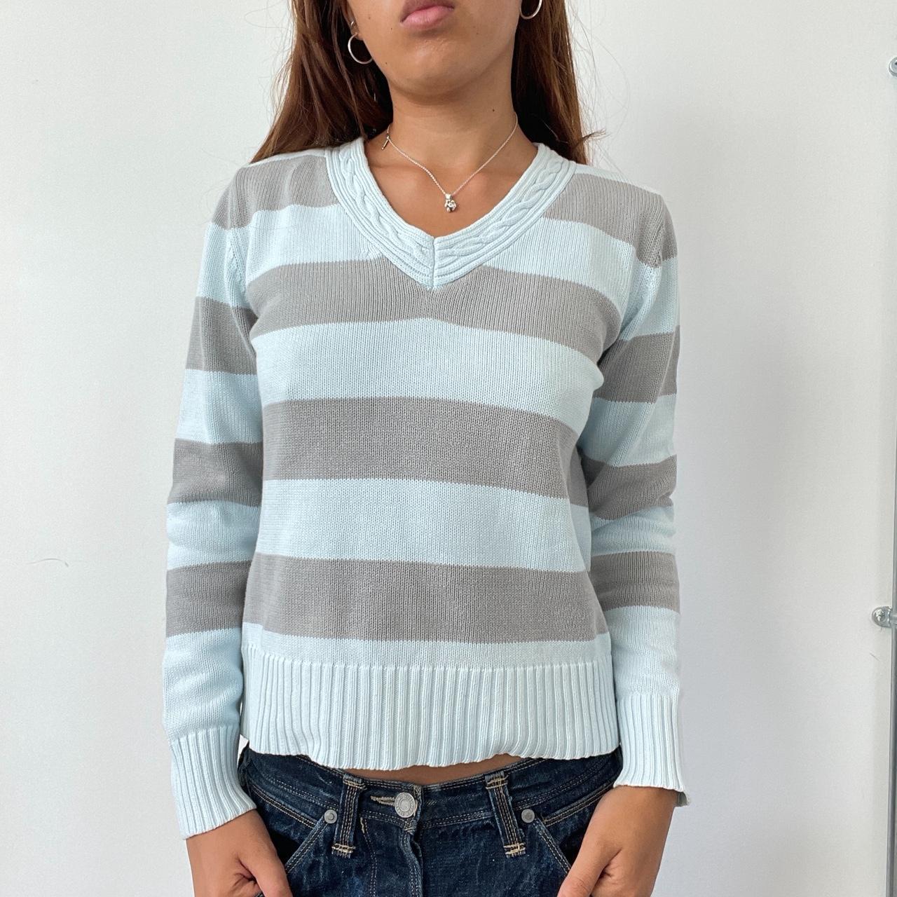 Vintage Grey Blue Stripe V Neck Jumper