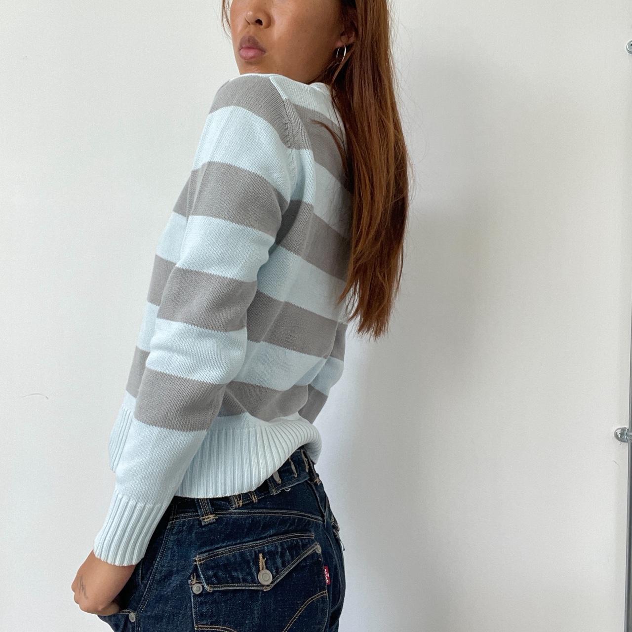 Vintage Grey Blue Stripe V Neck Jumper