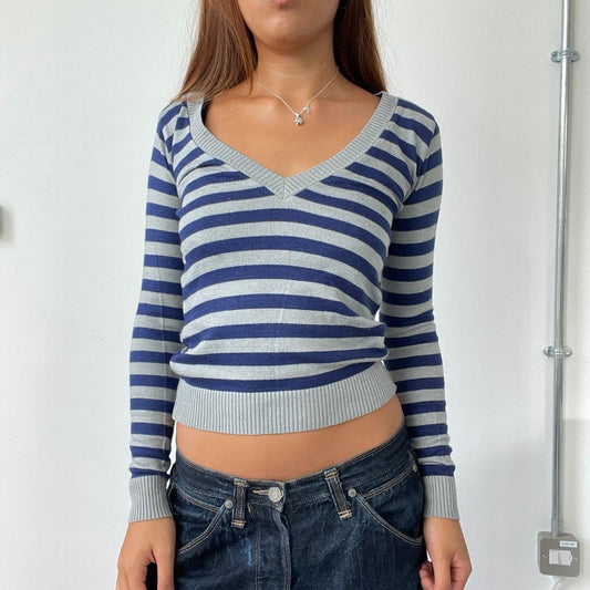 Vintage Navy Grey V Neck Jumper