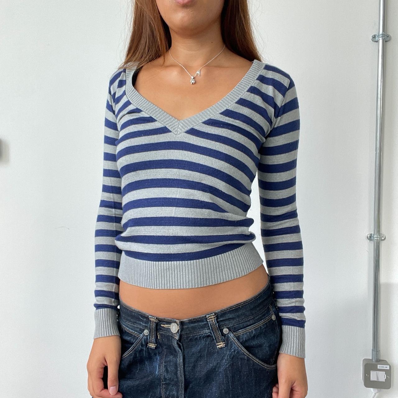 Vintage Navy Grey V Neck Jumper