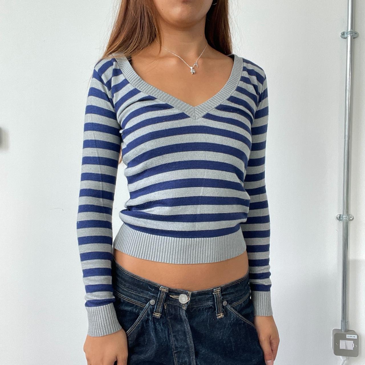 Vintage Navy Grey V Neck Jumper