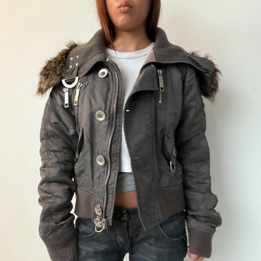 Vintage Grey Fur Trim Jacket