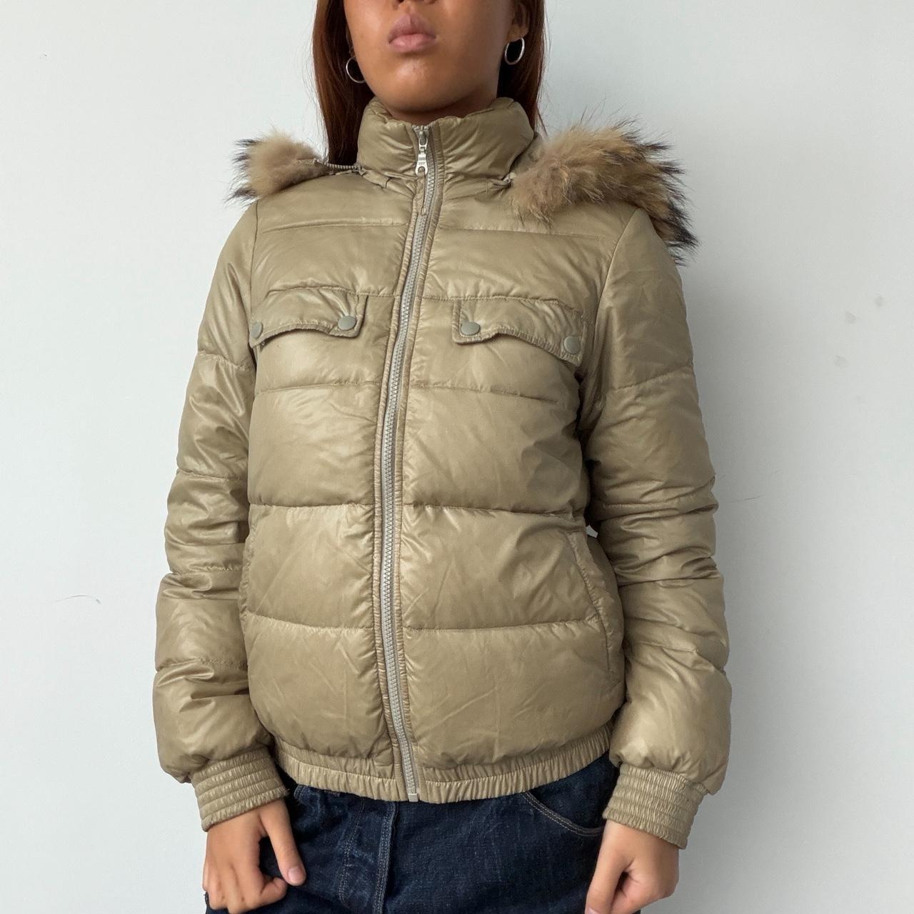 Vintage Beige Hooded Puffer Zip Up