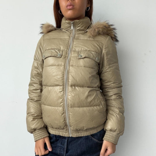 Vintage Beige Hooded Puffer Zip Up