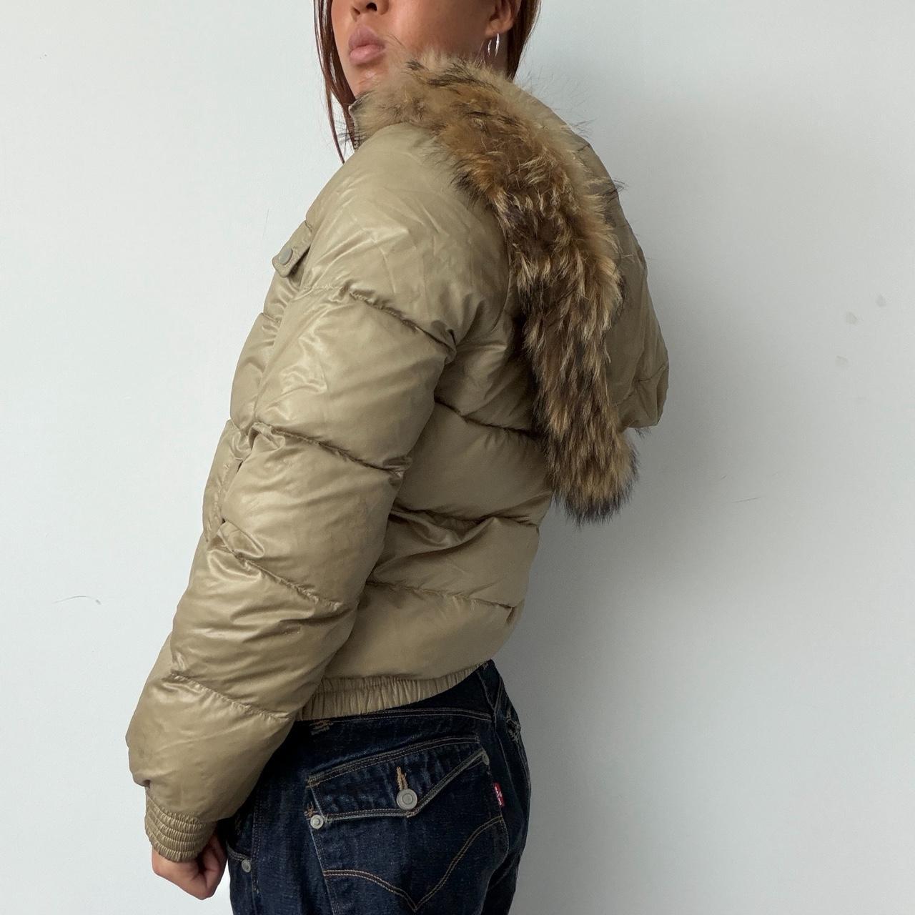 Vintage Beige Hooded Puffer Zip Up