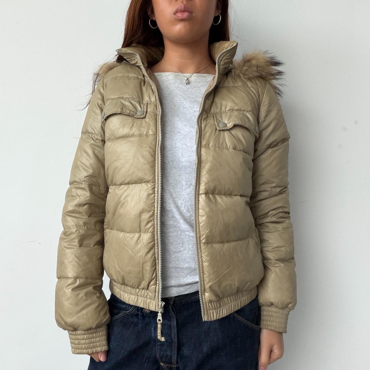 Vintage Beige Hooded Puffer Zip Up