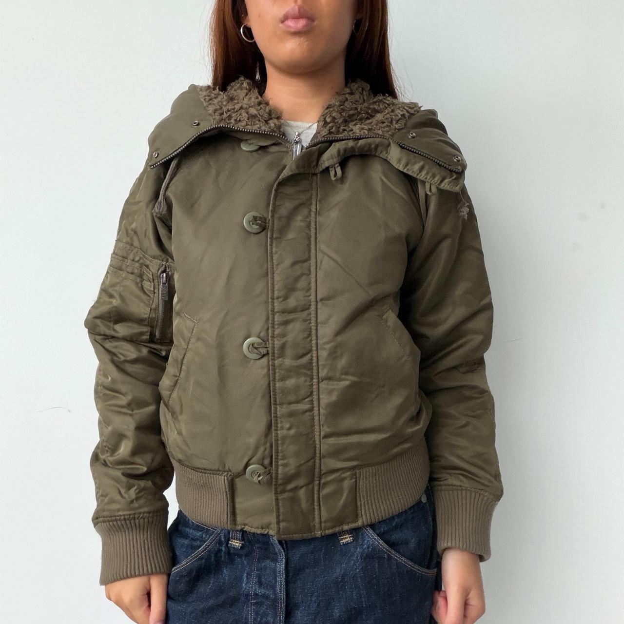 Vintage Khaki Faux Fur Collar Jacket