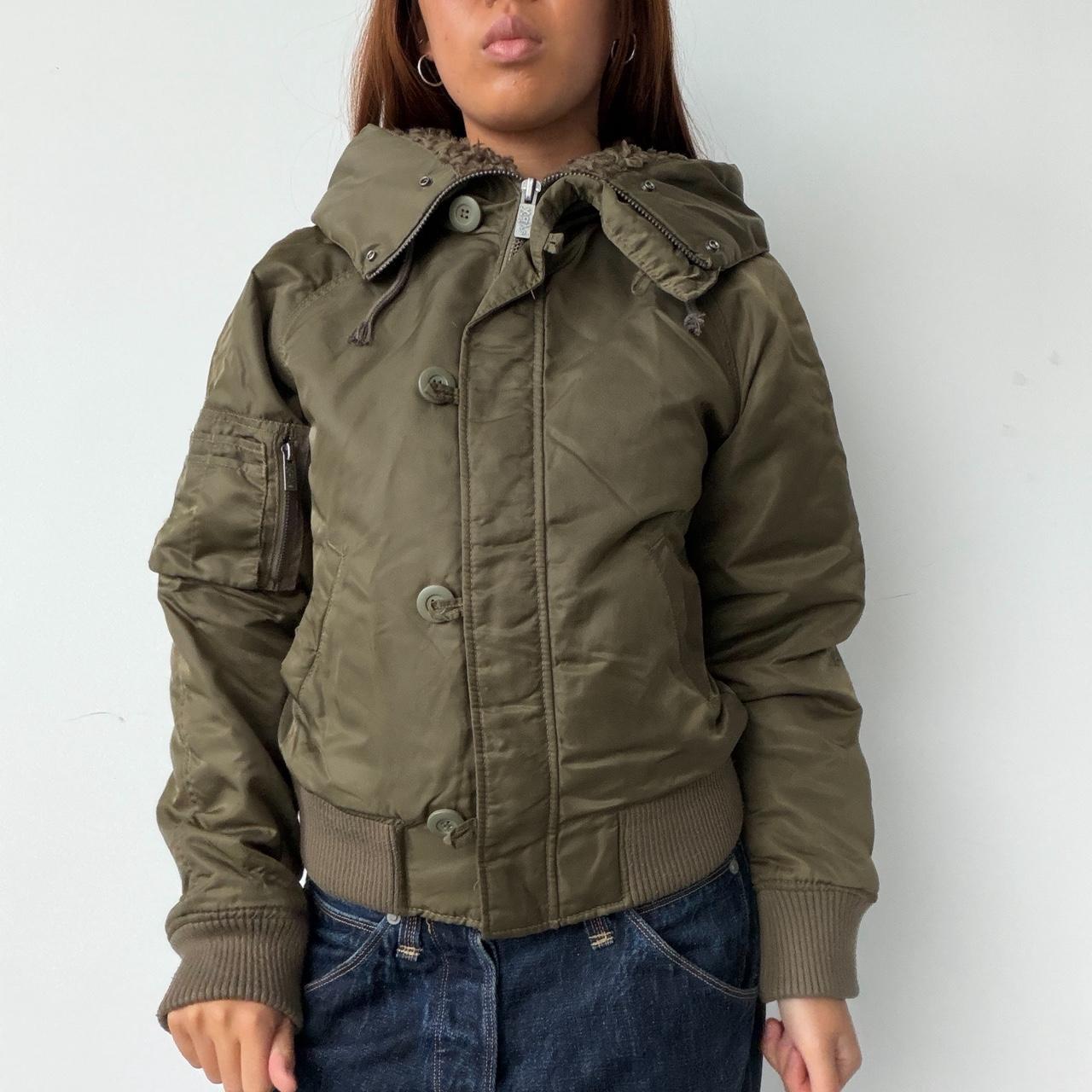 Vintage Khaki Faux Fur Collar Jacket