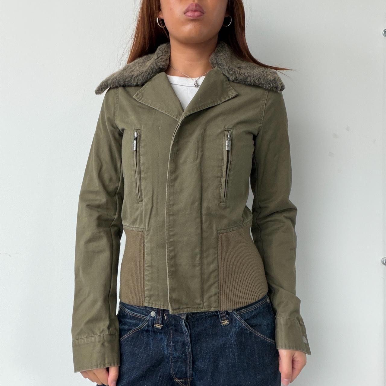 Vintage Khaki Fur Collar Zip Up
