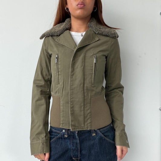 Vintage Khaki Fur Collar Zip Up