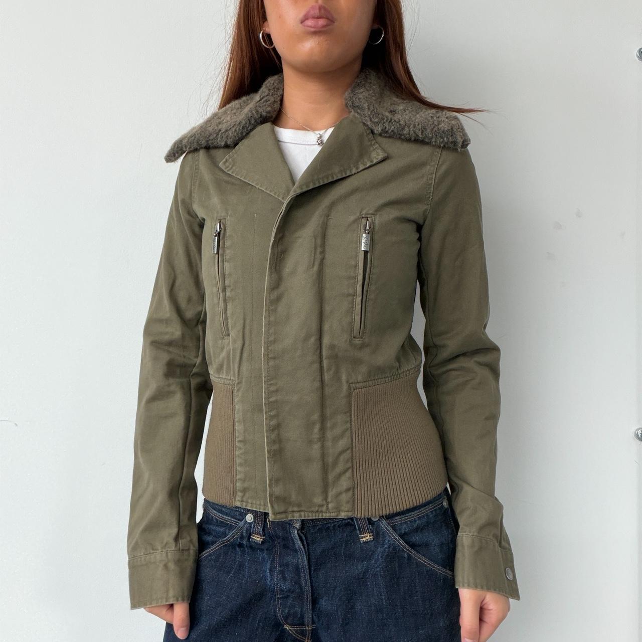 Vintage Khaki Fur Collar Zip Up
