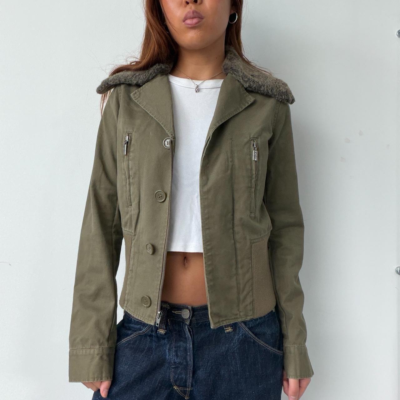 Vintage Khaki Fur Collar Zip Up