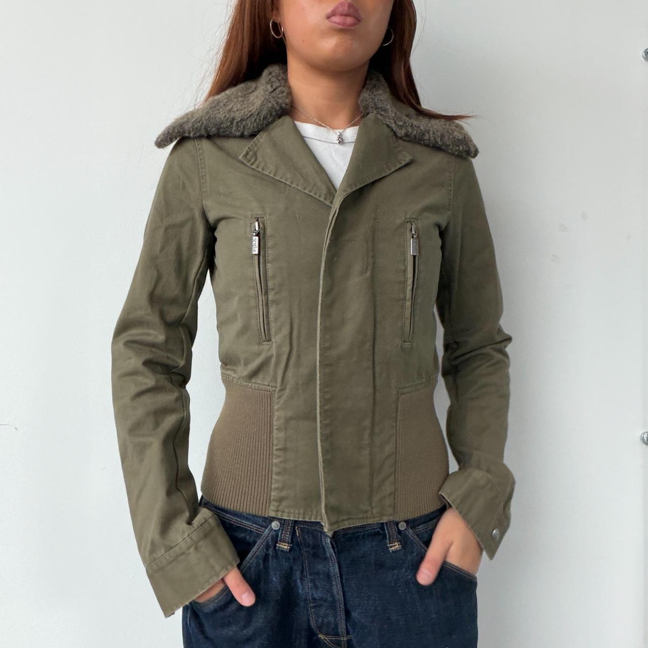 Vintage Khaki Fur Collar Zip Up