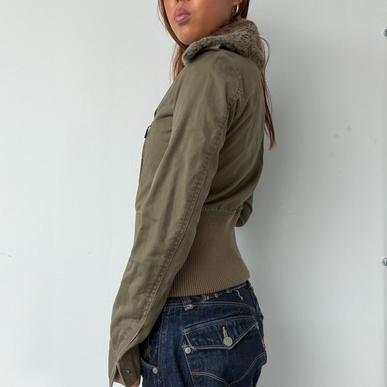 Vintage Khaki Fur Collar Zip Up