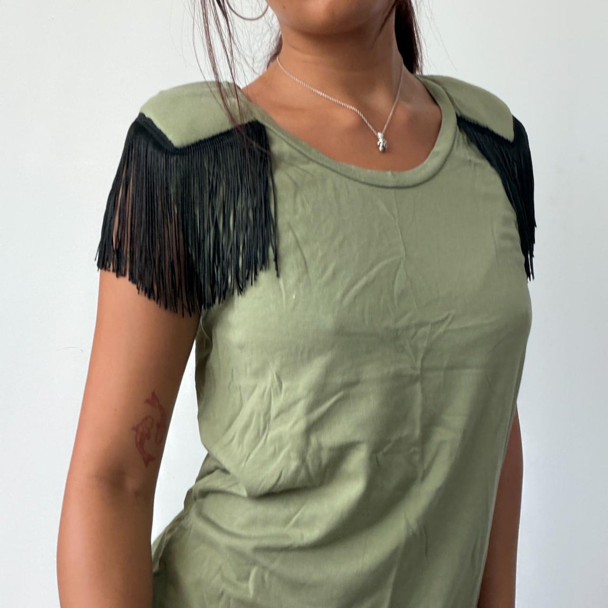 Vintage Green Fringe Shoulder Top