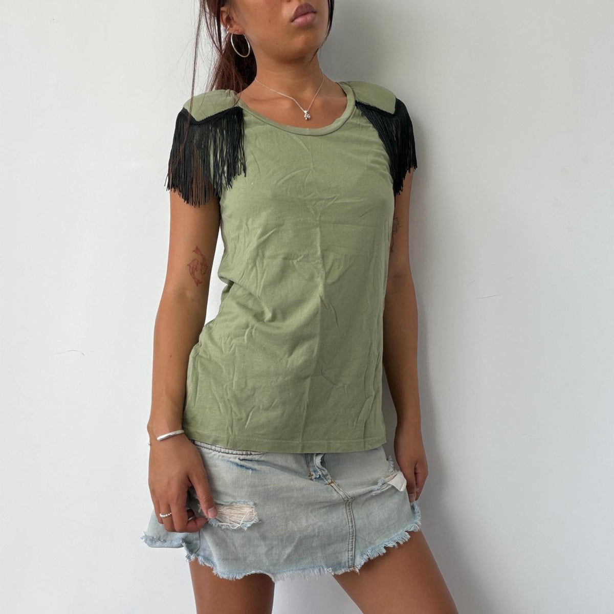 Vintage Green Fringe Shoulder Top
