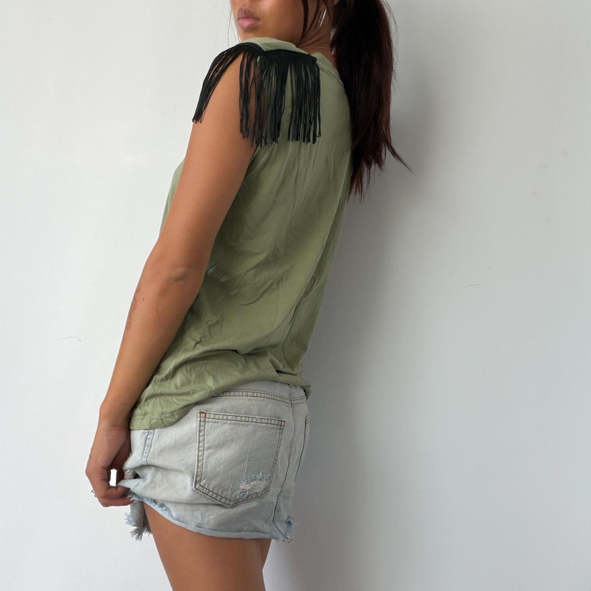 Vintage Green Fringe Shoulder Top
