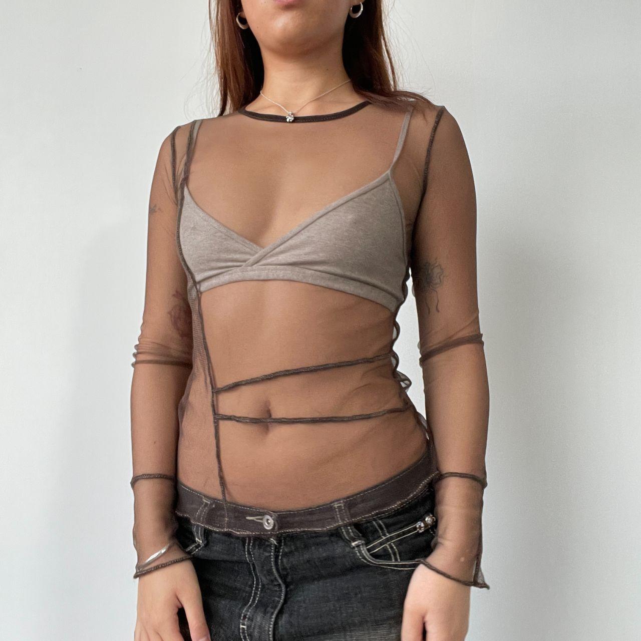 Brown Sheer Long Sleeve Mesh Top