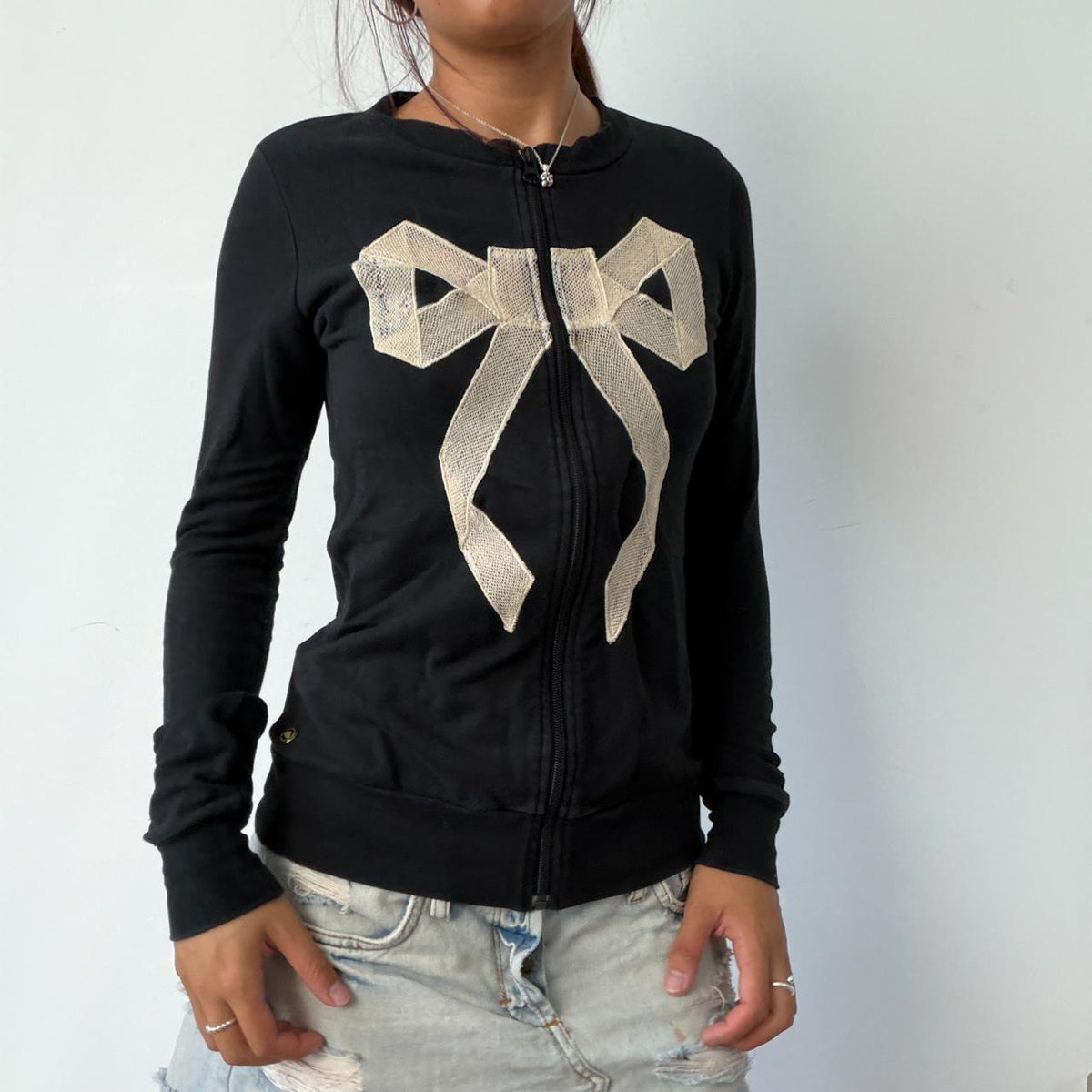 Vintage Black Bow Zip Up Jumper