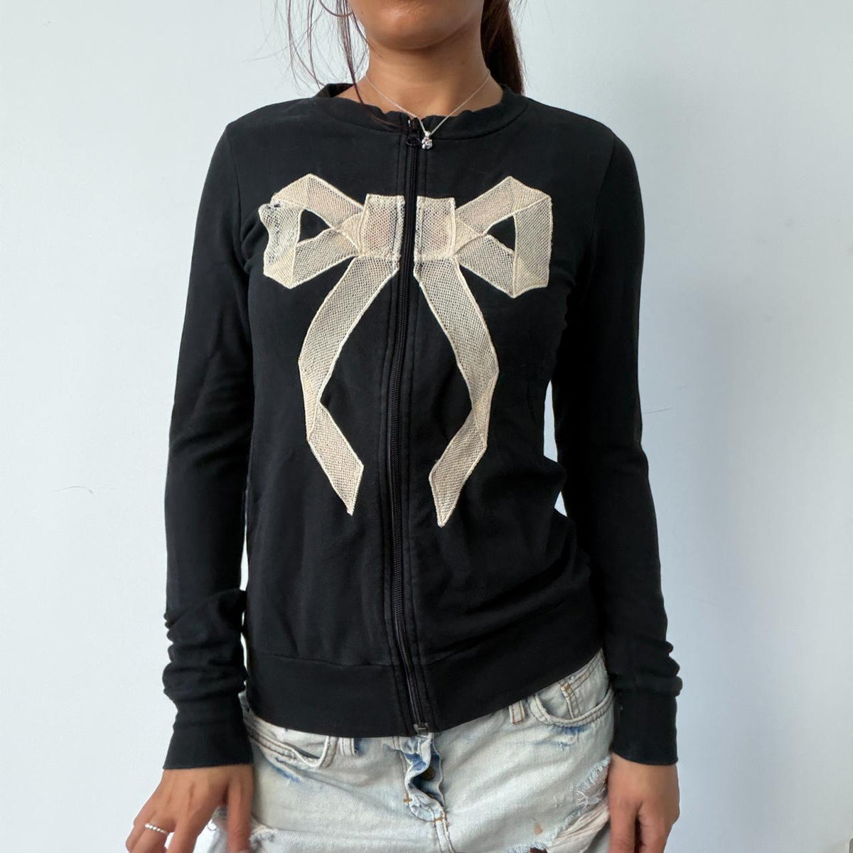 Vintage Black Bow Zip Up Jumper
