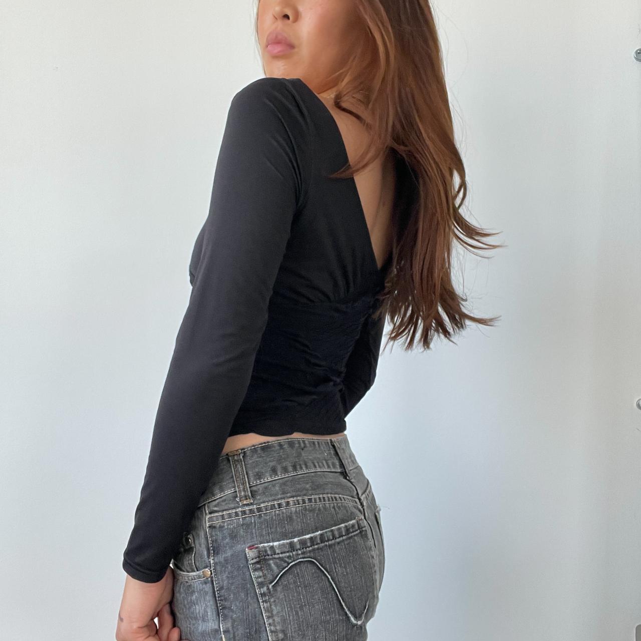 Black V Neck Textured Long Sleeve Top