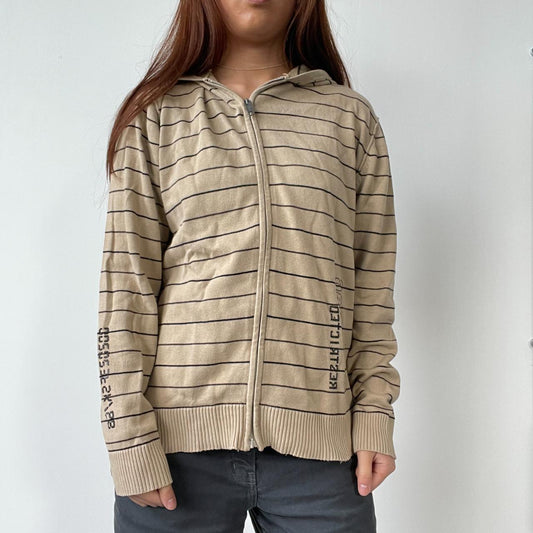Beige Stripy Zip Up Hoodie