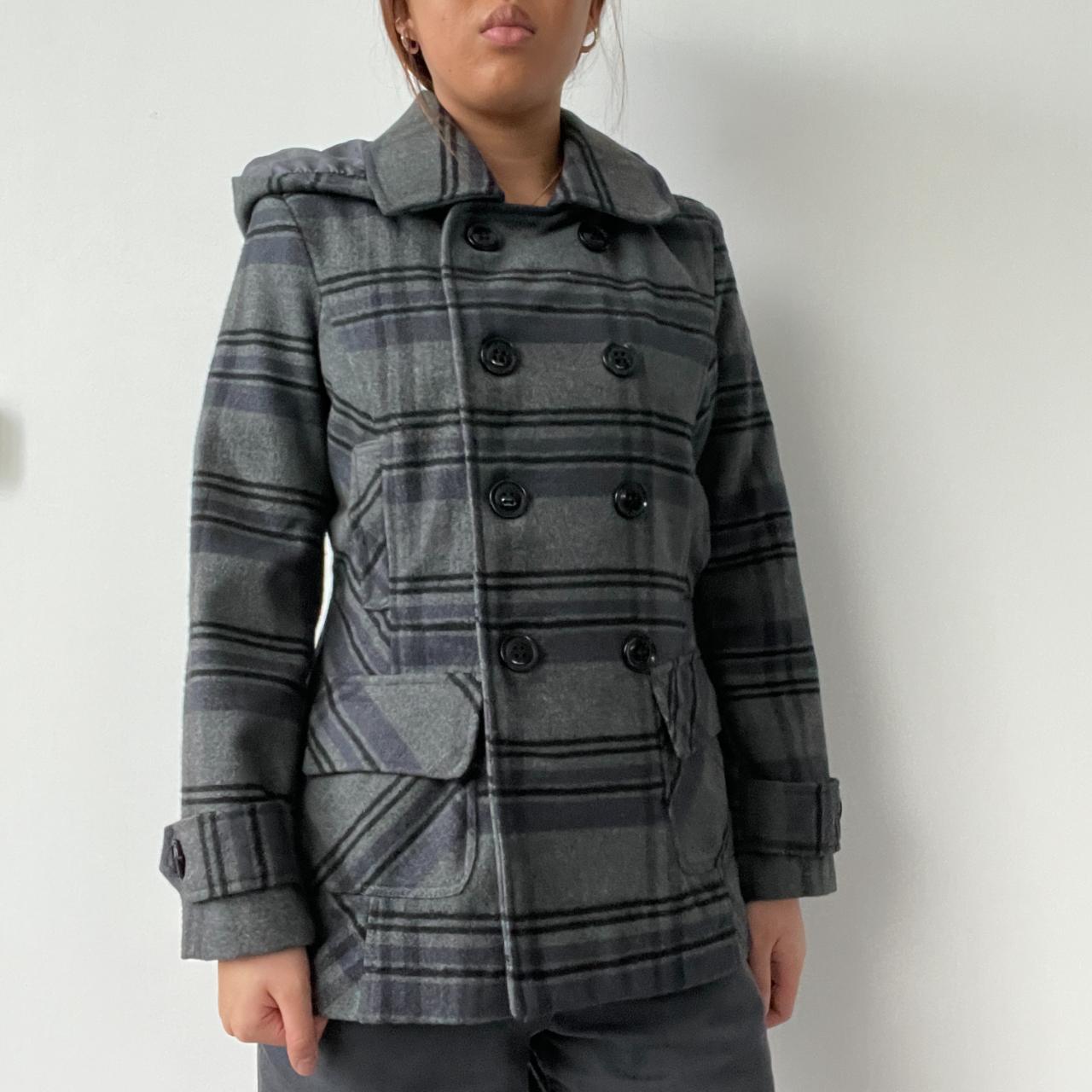 Grey Tartan Hooded Peacoat