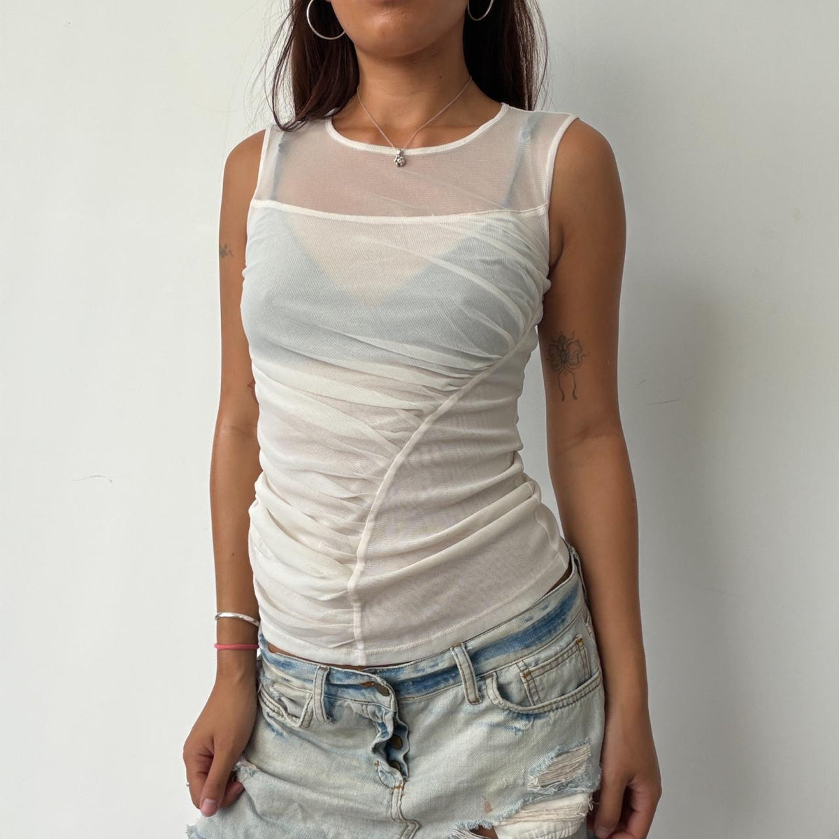 Vintage Beige Sheer Ruched Top