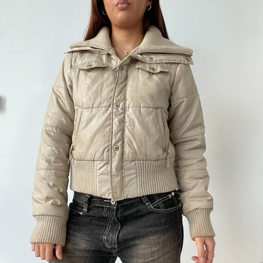 Beige Bomber Puffer Jacket