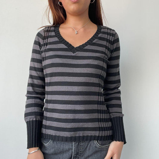 Grey Stripy V-Neck Jumper