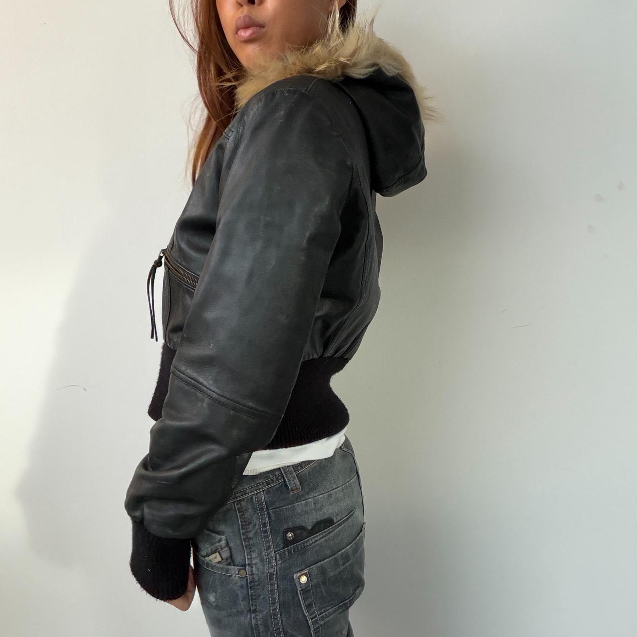 Vintage Black Leather Hooded Jacket