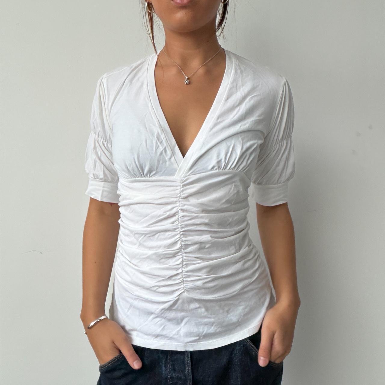Vintage White Ruched V Neck