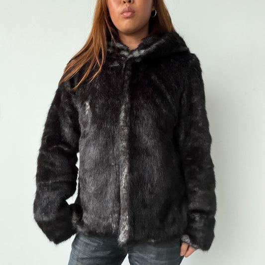 Vintage Black Fur Hooded Jacket