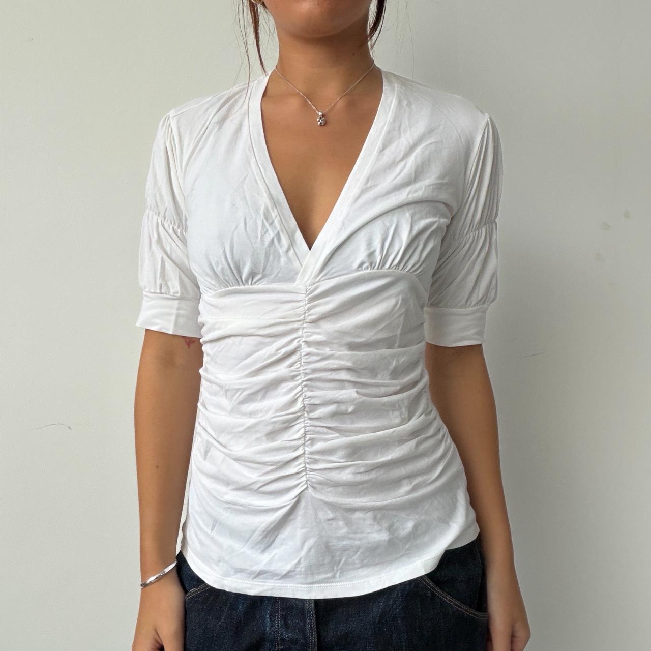 Vintage White Ruched V Neck