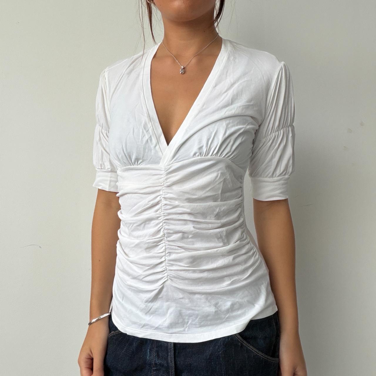 Vintage White Ruched V Neck
