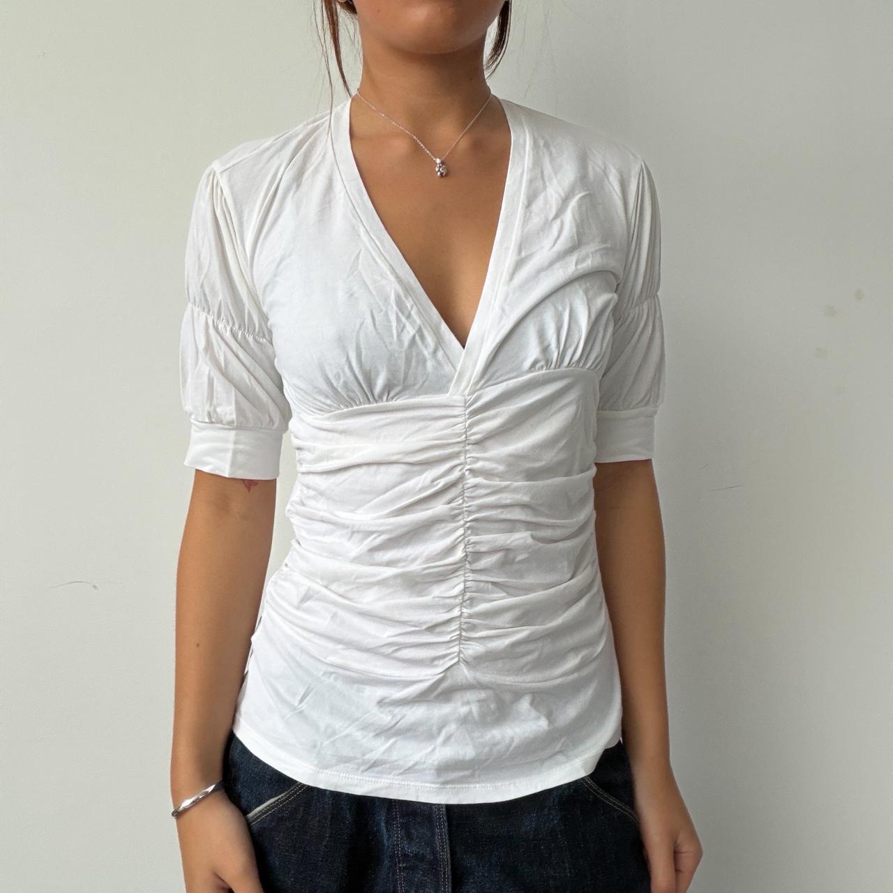 Vintage White Ruched V Neck