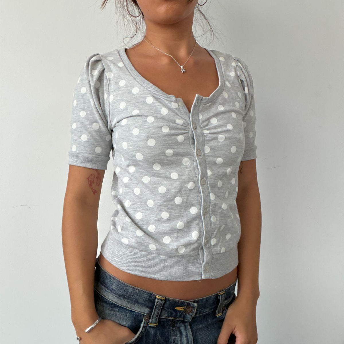 Vintage Grey Polka Dot Button Up