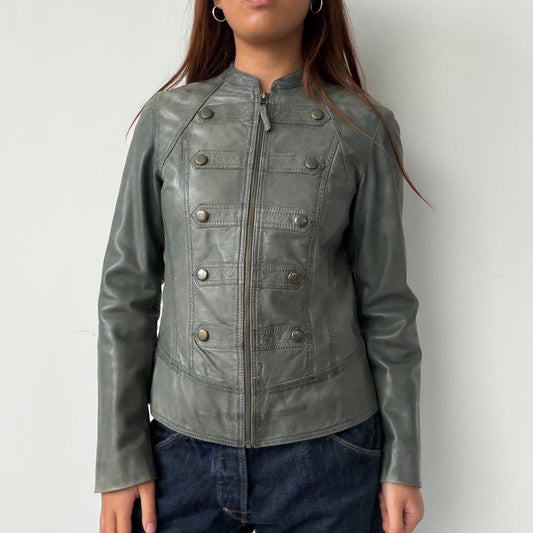 Vintage Grey Blue Military Leather Jacket