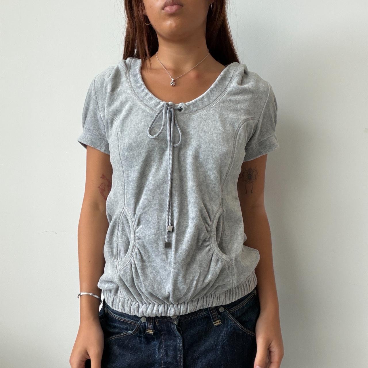 Vintage Grey Velour Hooded Ruched Top