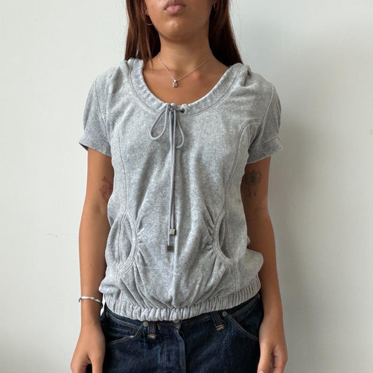 Vintage Grey Velour Hooded Ruched Top