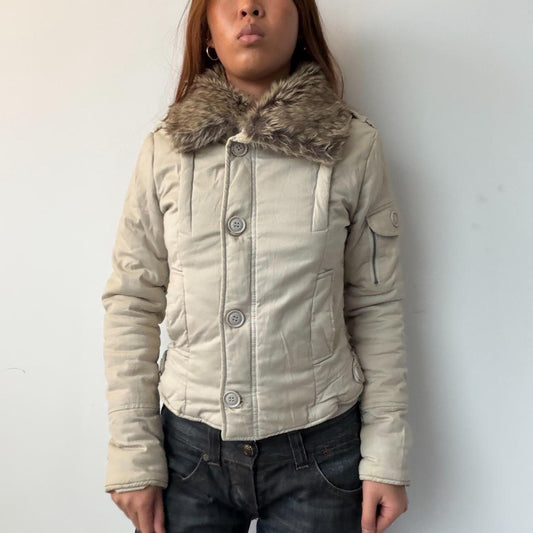 Vintage Beige Fur Trim Jacket