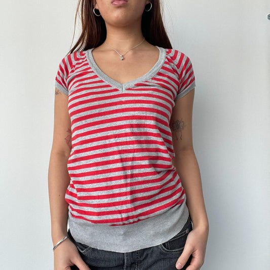 Grey/Red Stripy Knitted Top