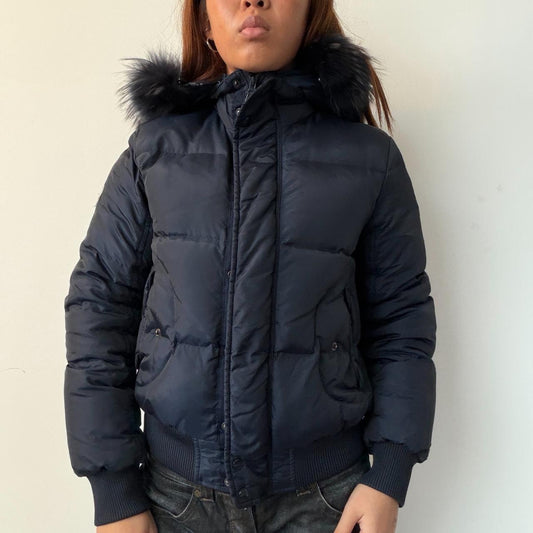 Vintage Navy Fur Trim Puffer Coat